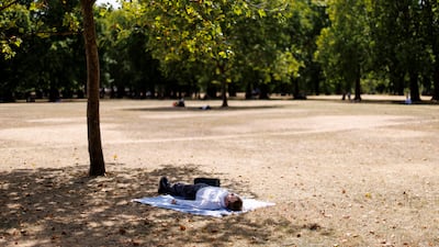 Escaping the hot sun in the dry grass of Green Park as temperatures rise in London. EPA