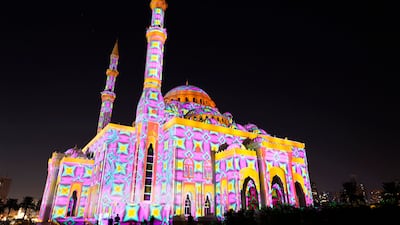 Al Noor Mosque sits bathed in light. AP