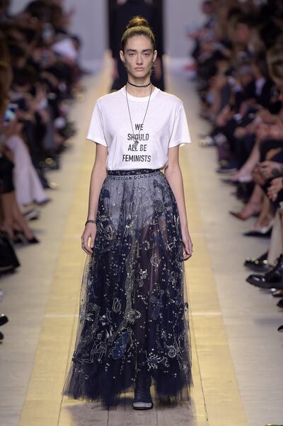 Chimamanda Ngozi Adichie’s We Should All Be Feminists inspired this t-shirt that opened a Dior show. Getty