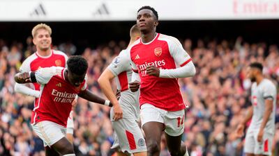 Arsenal's Eddie Nketiah celebrates scoring his side's first goal. AP