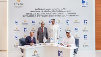 The signing of the framework agreement was witnessed by Dr Sultan Al Jaber, Minister of State and Adnoc Group chief executive, and Mukesh Ambani, Reliance industries' chairman and managing director. Abdulaziz Alhajri, executive director of Adnoc’s downstream directorate and Nikhil Meswani, Reliance's executive director signed the agreement. Photo courtesy of Adnoc