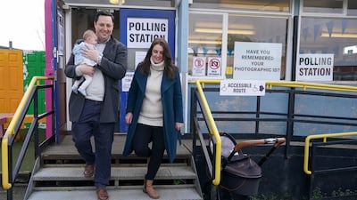 Tees Valley Mayor Ben Houchen, with his wife Rachel and baby daughter Hannah, leave a polling station after voting in Yarm, England. Getty Images