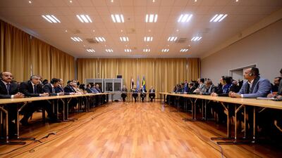 Swedish Foreign minister Margot Wallstrom, U.N. envoy to Yemen Martin Griffiths and delegates attend the opening press conference on UN.-sponsored peace talks for Yemen at Johannesberg castle, in Rimbo, Sweden. TT News Agency/via REUTERS