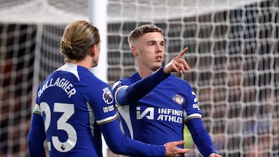 Soccer Football - Premier League - Chelsea v Everton - Stamford Bridge, London, Britain - April 15, 2024 Chelsea's Cole Palmer celebrates scoring their fifth goal with Conor Gallagher Action Images via Reuters/Andrew Couldridge NO USE WITH UNAUTHORIZED AUDIO, VIDEO, DATA, FIXTURE LISTS, CLUB/LEAGUE LOGOS OR 'LIVE' SERVICES. ONLINE IN-MATCH USE LIMITED TO 45 IMAGES, NO VIDEO EMULATION. NO USE IN BETTING, GAMES OR SINGLE CLUB/LEAGUE/PLAYER PUBLICATIONS.