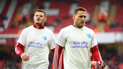 Billy Sharp of Sheffield United wears a Heads Up Campaign T-Shirt whilst warming up prior to the Premier League match against Bournemouth at Bramall Lane on February 09, 2020. Getty Images