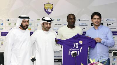 Al Ain coach Zlatko Dalic, right, welcomes the club's newest signing Danilo Asprilla, second from right, along with club officials on Monday night at the Sheikh Khalifa International Stadium. Courtesy Al Ain Football Club