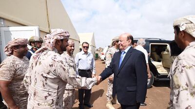 Yemeni president Abdrabu Mansur Hadi visits the headquarters of the UAE force in Aden on Setpember 25, 2015. Wam