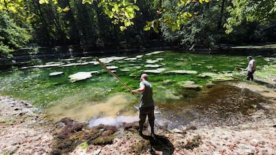 Workers clean the water from the reservoir at the spring of the River Bosna, near Sarajevo. Reuters