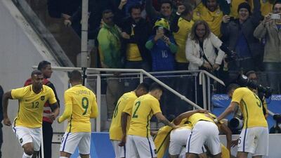 Brazil’s player celebrate after Neymar scored his team’s first goal with a free kick during a quarter-final match of the men’s Olympic football tournament between Brazil and Colombia in Sao Paulo, Brazil, Saturday August 13, 2016. Leo Correa / AP Photo