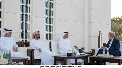 Sheikh Mohamed bin Zayed, Crown Prince of Abu Dhabi and Deputy Supreme Commander of the Armed Forces, meets John Kerry, US special presidential envoy for climate at Al Shati Palace. Mohamed Al Hammadi / Ministry of Presidential Affairs.