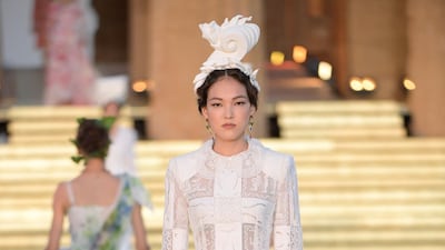 An all-white look from Dolce & Gabbana's Alta Moda collection, shown in Sicily on July 5. Courtesy Dolce & Gabbana