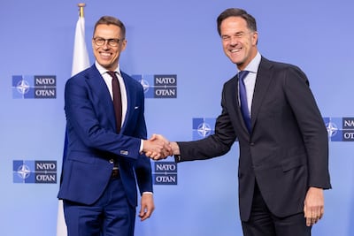 Nato Secretary General Mark Rutte, right, with Finnish President Alexander Stubb in Brussels. AP