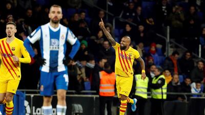 Barcelona midfielder Arturo Vidal celebrates after scoring. EPA