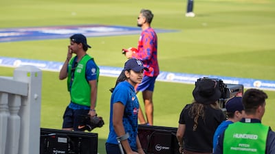 Ahmed Raza at Southern Brave training at Lords. Former UAE national-team player Mahika Gaur is in foreground on crutches.