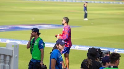 Ahmed Raza at Southern Brave training at Lords. Former UAE national-team player Mahika Gaur is in foreground on crutches.