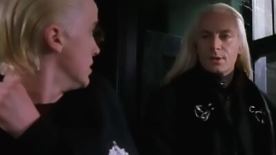 Lucius Malfoy (Jason Isaacs), right, with Draco Malfoy (Tom Felton) in a scene that was eventually deleted.