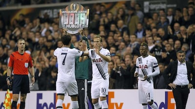 Tottenham Hotspur's Harry Kane comes on for Son Heung-min on Thursday night during Spurs' Europa League win over Qarabag. Ian Kington / AFP / September 17, 2015