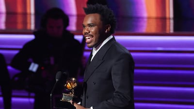 Baby Keem accepts the Grammy award for Best Rap Performance. Reuters