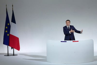 French President Emmanuel Macron delivers a speech on Wednesday. AP