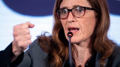 USAID chief Samantha Power speaks during a press conference in Sarajevo, Bosnia. AP