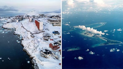 Greenland, left, and the Chagos Islands have come to symbolise US President Donald Trump's willingness to challenge traditional allies. AFP / Getty Images