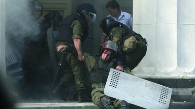 A National Guard officer wounded during protests over changes to Ukraine’s constitution. Valentyn Ogirenko / Reuters / August 31, 2015