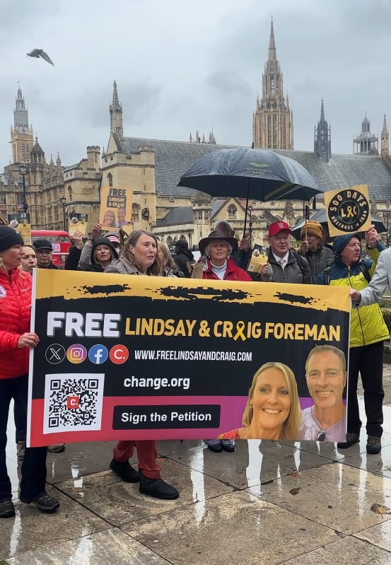 Family and friends deliver a petition to the UK government on Wednesday, calling for the release of Lindsay and Craig Foreman. Lemma Shehadi / The National