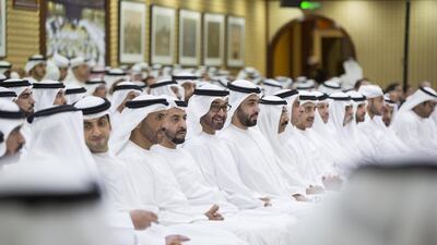 Sheikh Mohammed bin Zayed, Crown Prince of Abu Dhabi and Deputy Supreme Commander of the Armed Forces, with members of the royal family and other dignitaries at a talk by Dr Andreas Schleicher at Al Bateen Palace. Ryan Carter / Crown Prince Court – Abu Dhabi
