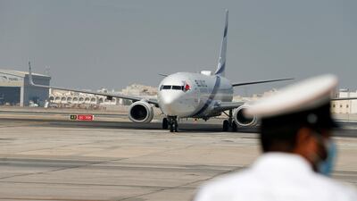 The Israeli flag carrier El Al's airliner carrying an Israeli delegation accompanied by the US treasury secretary arrives in Muharraq, Bahrain, Reuters