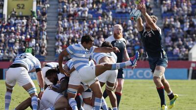 Felipe Ezcurra of Argentina (C) kicks during the Rugby World Cup match between Argentina and the USA at Kumagaya Rugby Stadium in Tokyo, Japan. EPA
