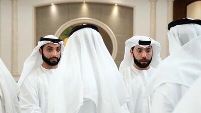 Dr Sheikh Hazza and Dr Sheikh Khaled, sons of Sheikh Sultan, receive mourners at Mushrif Palace. Eissa Al Hammadi for the Ministry of Presidential Affairs