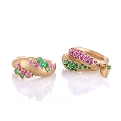 18k Gold Dancing Joy Duet Ring with Pink Sapphires and Tsavorite, £6,070, by Nada Ghazal. Photo: Nada Ghazal