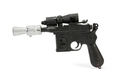 Han Solo's BlasTech DL-44 blaster from the Star Wars trilogy film Return of the Jedi (Lucasfilm, 1983) Julien's Auctions via AP