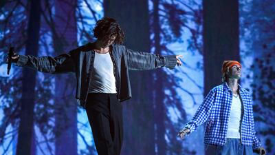 Shawn Mendes and Justin Bieber perform during the American Music Awards at the Microsoft Theatre on November 22, 2020 in Los Angeles. AP