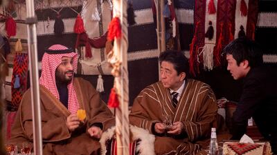Crown Prince Mohammed bin Salman meets with Mr. Abe during a meeting in Riyadh.