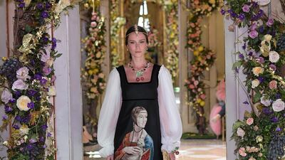 A dress depicting de Vinci's portrait The Lady with an Ermine. Courtesy Dolce & Gabbana