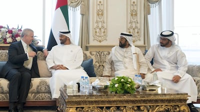 Sheikh Mohamed bin Zayed Al Nahyan, Crown Prince of Abu Dhabi and Deputy Supreme Commander of the UAE Armed Forces, second left, receives Prince Andrew, Duke of York, left, during a Sea Palace barza. Seen with Sheikh Hamdan bin Zayed Al Nahyan, Ruler’s Representative in Al Dhafra Region, right, and Sheikh Tahnoon bin Mohamed Al Nahyan, Ruler's Representative in Al Ain Region, second right. Mohamed Al Hammadi / Crown Prince Court - Abu Dhabi