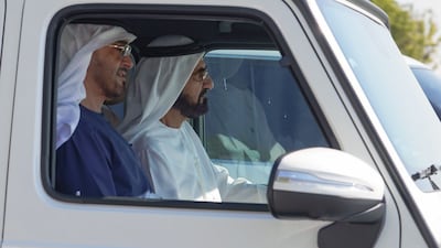 Sheikh Mohammed bin Rashid, Vice President and Ruler of Dubai, takes Sheikh Mohamed bin Zayed, Crown Prince of Abu Dhabi and Deputy Supreme Commander of the Armed Forces, out for a tour of Al Marmoom Lakes on Monday. Courtesy: Sheikh Mohammed bin Rashid Twitter