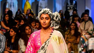 A model presents a creation by Masaba during Lakme Fashion Week summer/resort 2020 in Mumbai, India, on February 12, 2020. AFP