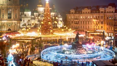 Crowds of people celebrate the New Year in Kiev, Ukraine. AP