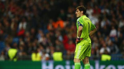 Iker Casillas of Real Madrid reacts after Schalke's fourth goal in his side's 4-3 second leg loss on Tuesday night in the Champions League last 16, though Madrid advanced 5-4 on aggregate. Alex Grimm / Bongarts / Getty Images