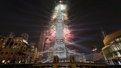 Fireworks display on Burj Khalifa for the new year 2025 celebration at Dubai Mall in Dubai. Pawan Singh / The National