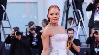 Tessa Thompson wears peplum Armani Prive. Getty Images