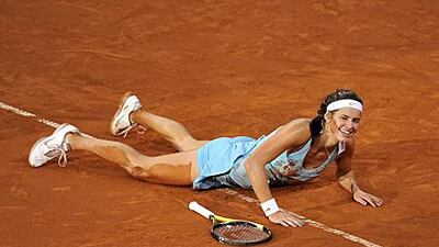 Germany’s Julia Goerges smiles after beating Caroline Wozniacki in Stuttgart.