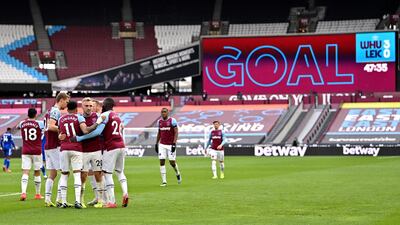 West Ham celebrate after Jarrod Bowen's goal. EPA