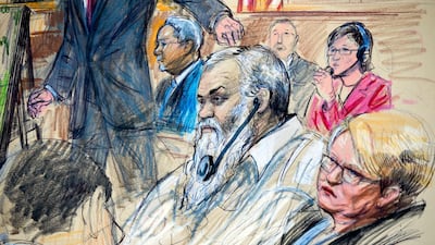 A courtroom sketch depicts Ahmed Abu Khattala listening to a interpreter through earphones during the opening statements of his trial in October last year. AP
