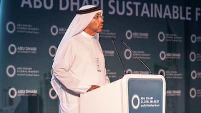 Ahmed Al Sayegh, Chairman of ADGM, addressing the Abu Dhabi Sustainable Finance Forum, a part of the Abu Dhabi Sustainability Week. Antonie Robertson / The National
