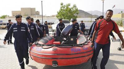 A rescue team of Abu Dhabi Police stationed in Fujairah in anticipation of the cyclone Ashobaa. Wam