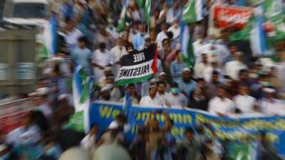 People march during a protest against Israel in Karachi, Pakistan. EPA