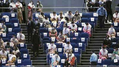 Kimono-clad women wearing face masks to protect against the spread of the coronavirus sit with social distancing for a Coming-of-Age ceremony in Yokohama, near Tokyo. The Tokyo area has been under a state of emergency since Friday to try to stop the spread of the virus. AP Photo
